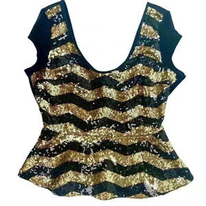 Bebe Black & Gold  Peplum Sequin Striped Top XL – Party, Cocktail, Metallic